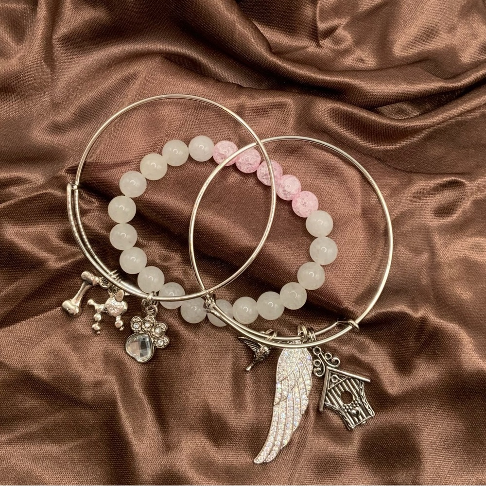 Set of 3 Handmade White Silver Two Bangles One Beaded Bracelets